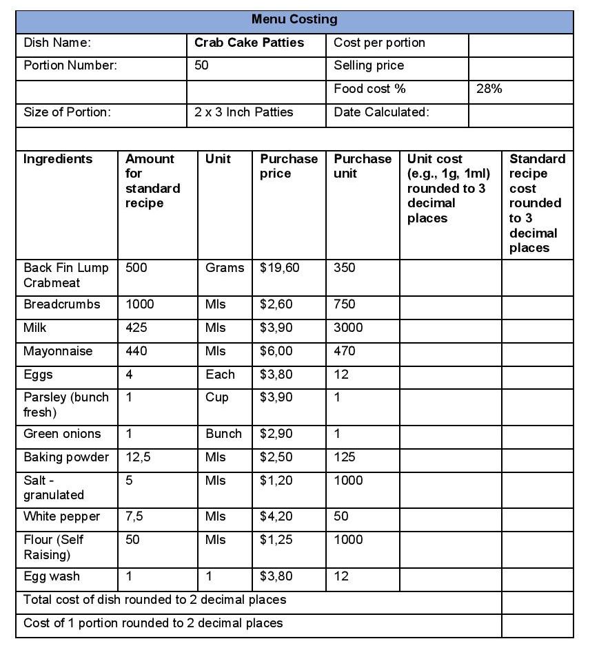 Exercise Calculate Food Cost